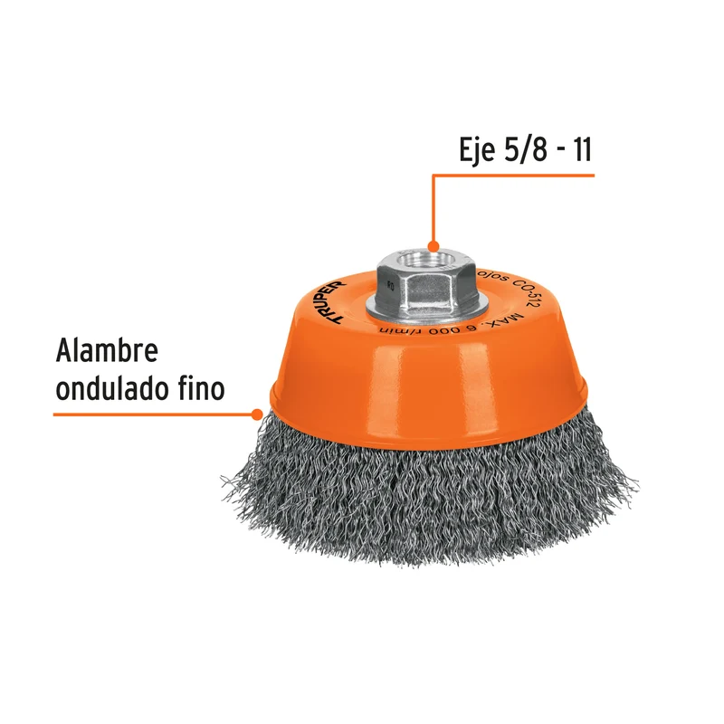 CARDA COPA 5" ALAMBRE ONDULADO FINO, EJE 5/8"-11, TRUPER