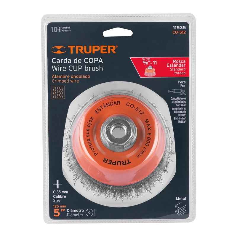 CARDA COPA 5" ALAMBRE ONDULADO FINO, EJE 5/8"-11, TRUPER