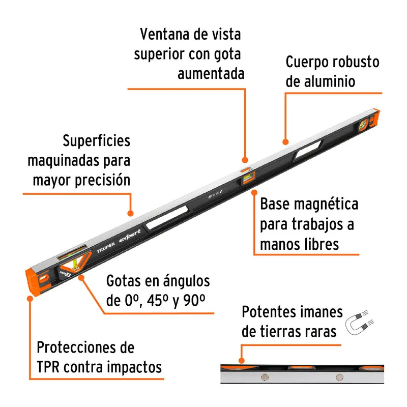 NIVEL DE 48" (122 CM) MAGNÉTICO CON PROTECCIÓN DE TPR, TRUPER