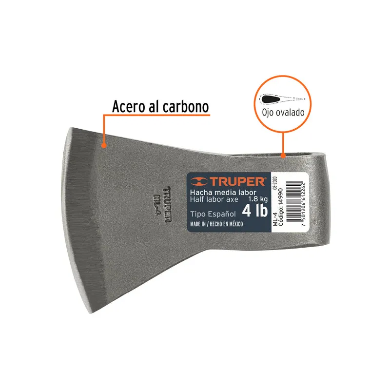 HACHA TIPO ESPAÑOL 4 LB SIN MANGO, TRUPER