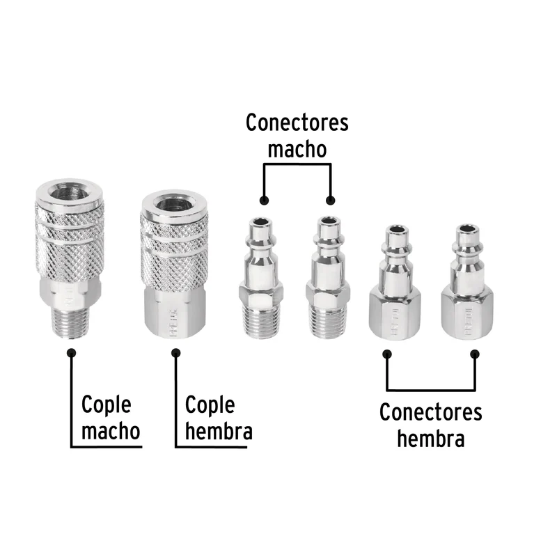 JUEGO DE 4 CONECTORES Y 2 COPLES, COMPRESOR DE AIRE, PRETUL