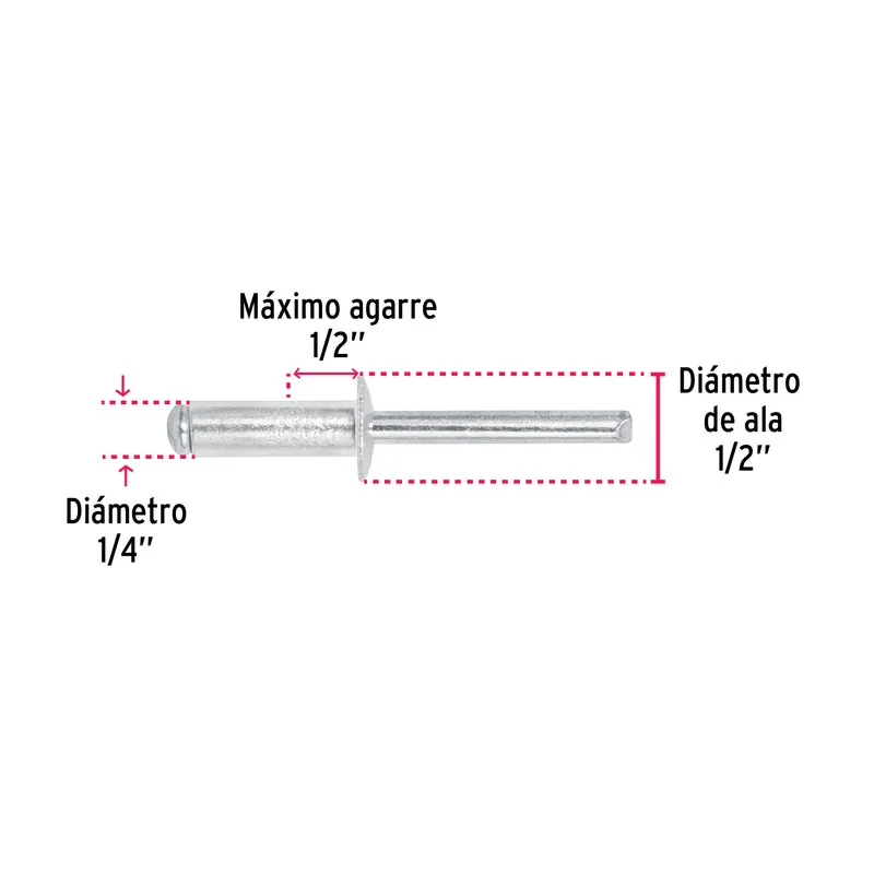 50 REMACHES FIERO DE 1/4" X 1/2" DE ALUMINIO, ALA 1/2"