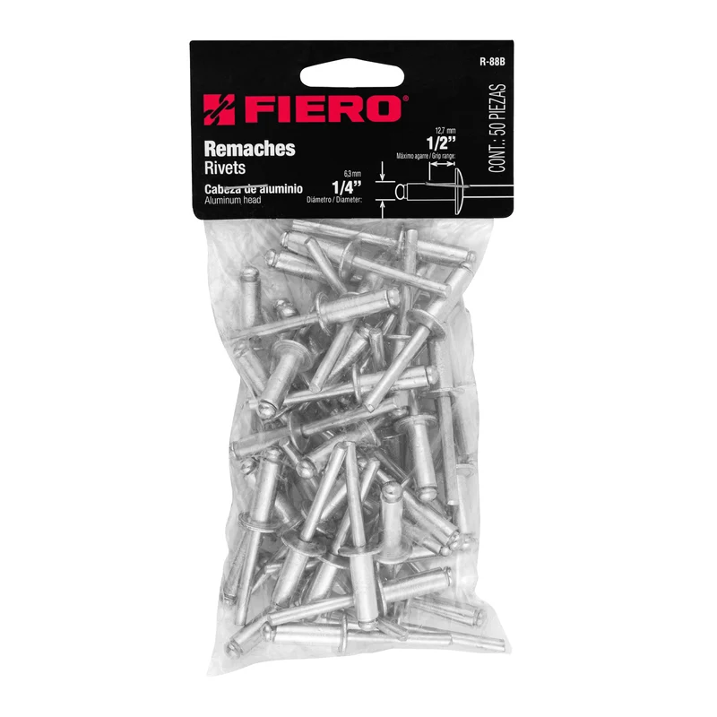 50 REMACHES FIERO DE 1/4" X 1/2" DE ALUMINIO, ALA 1/2"