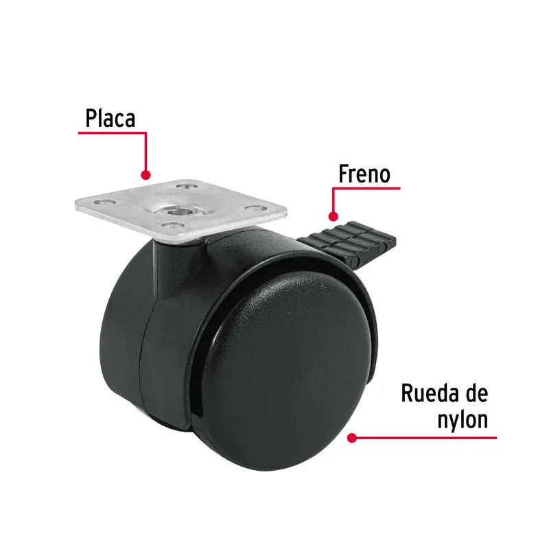 RODAJA TIPO YOYO DE 50 MM CON PLACA, CON FRENO, FIERO