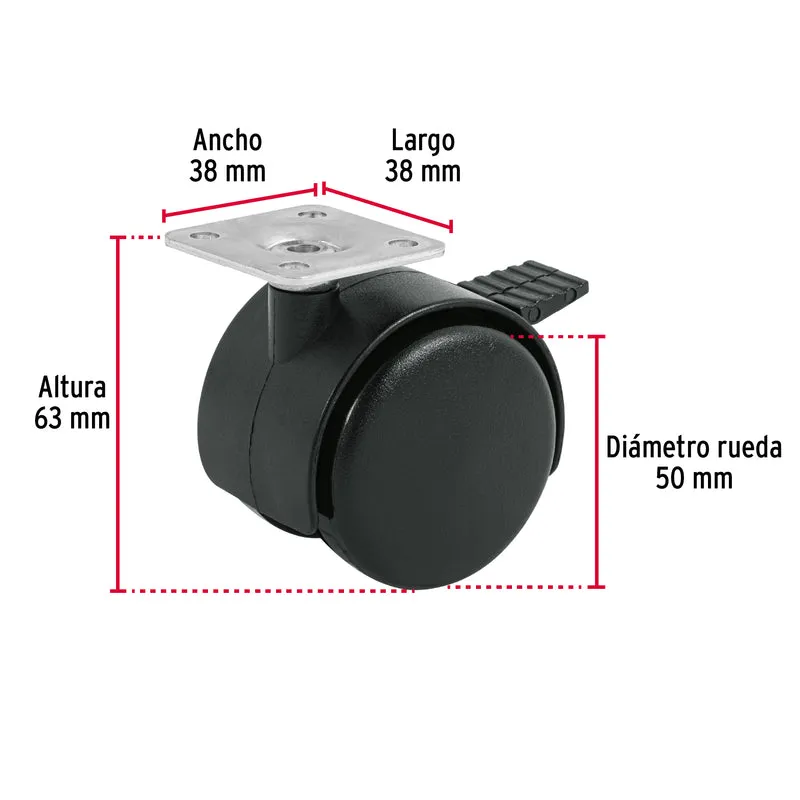 RODAJA TIPO YOYO DE 50 MM CON PLACA, CON FRENO, FIERO