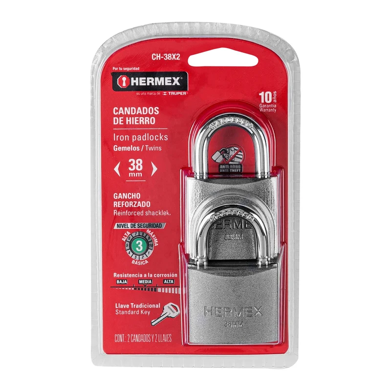 2 CANDADOS DE HIERRO DE 38MM CON GANCHO CORTO, HERMEX