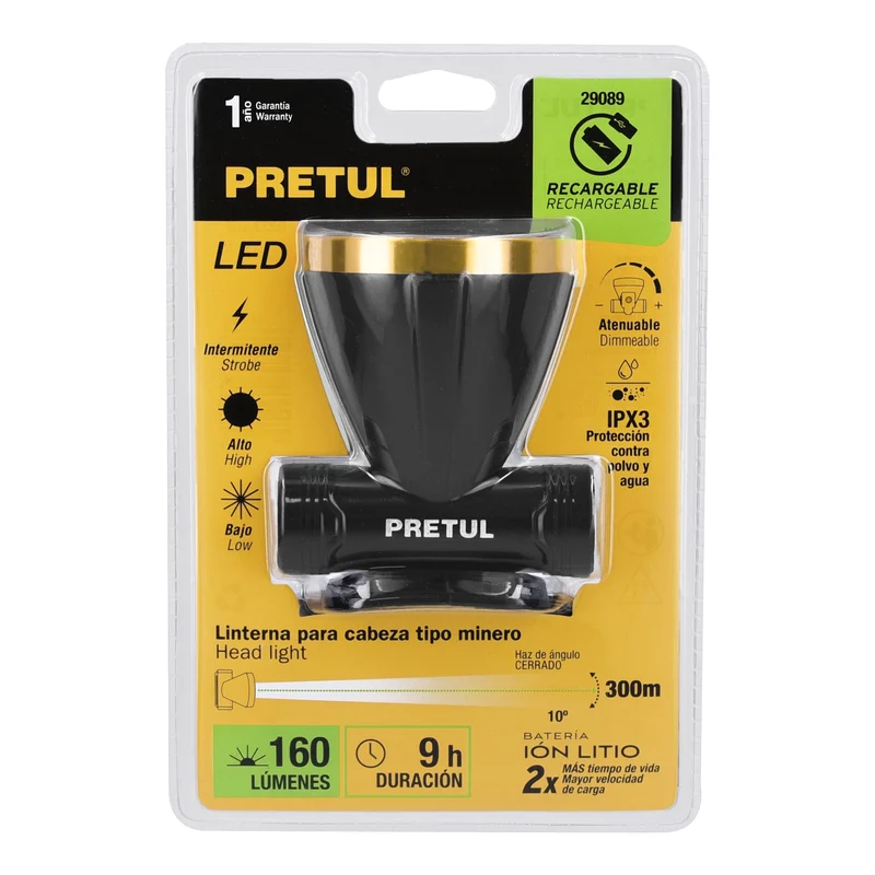 LINTERNA DE MINERO 125 LM RECARGABLE, PRETUL
