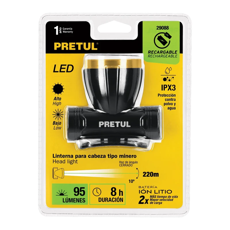 LINTERNA DE MINERO 90 LM RECARGABLE, PRETUL