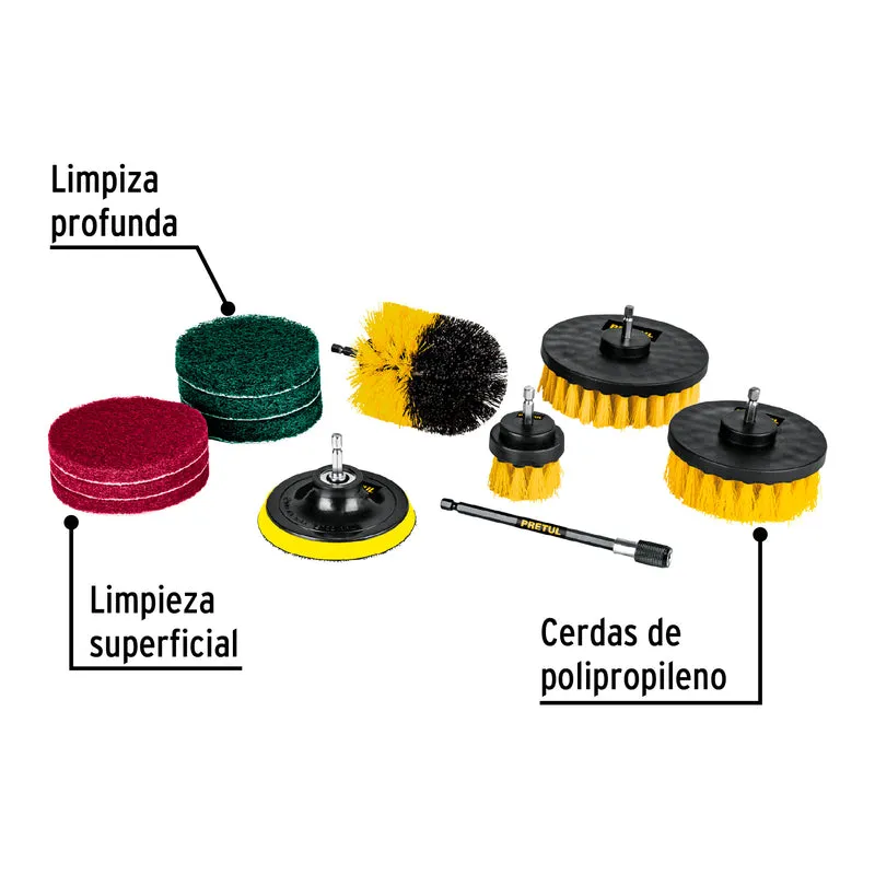 JUEGO 12 ACCESORIOS DE LIMPIEZA Y ASENTADO PARA TALADRO, PRETUL