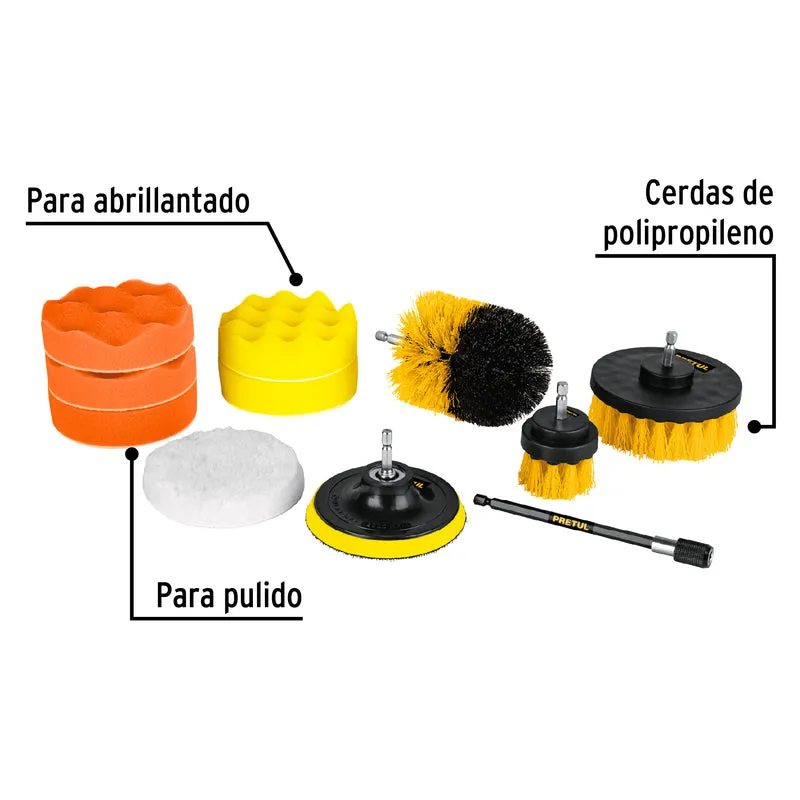 JUEGO 11 ACCESORIOS DE LIMPIEZA Y PULIDO PARA TALADRO, PRETUL