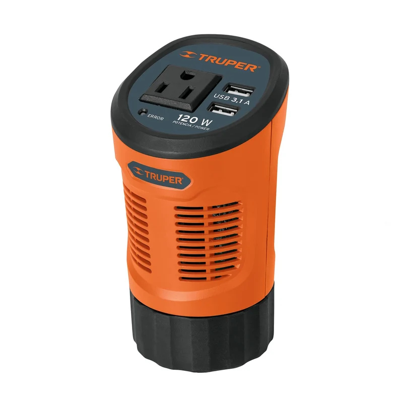 INVERSOR DE CORRIENTE TRUPER 120 W, TIPO VASO CON 2 PUERTOS USB
