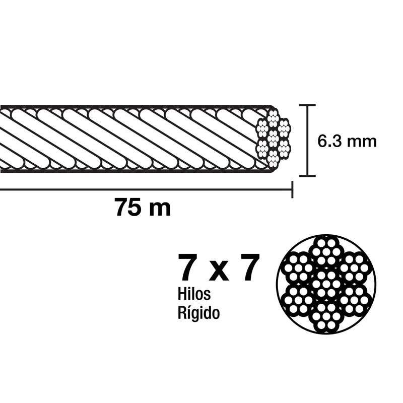 CABLE 1/4" DE ACERO 7X7 TRUPER HILOS FIERO 75 METROS