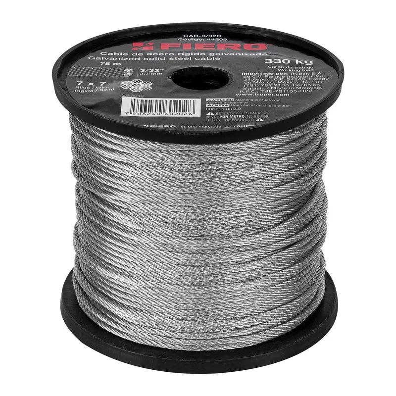 CABLE RÍGIDO FIERO 3/32" DE ACERO 7X7 HILOS, ROLLO 75 METROS