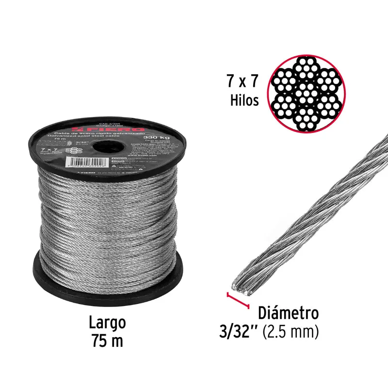 CABLE RÍGIDO FIERO 3/32" DE ACERO 7X7 HILOS, ROLLO 75 METROS