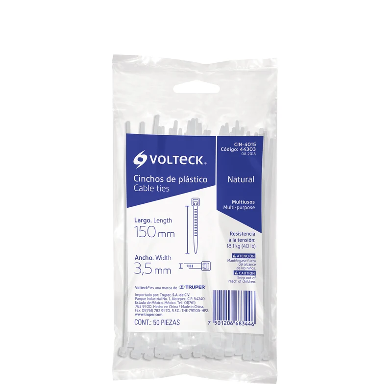 BOLSA CON 50 PRECINTOS PLÁSTICOS VOLTECK, 150 X 3.5 MM