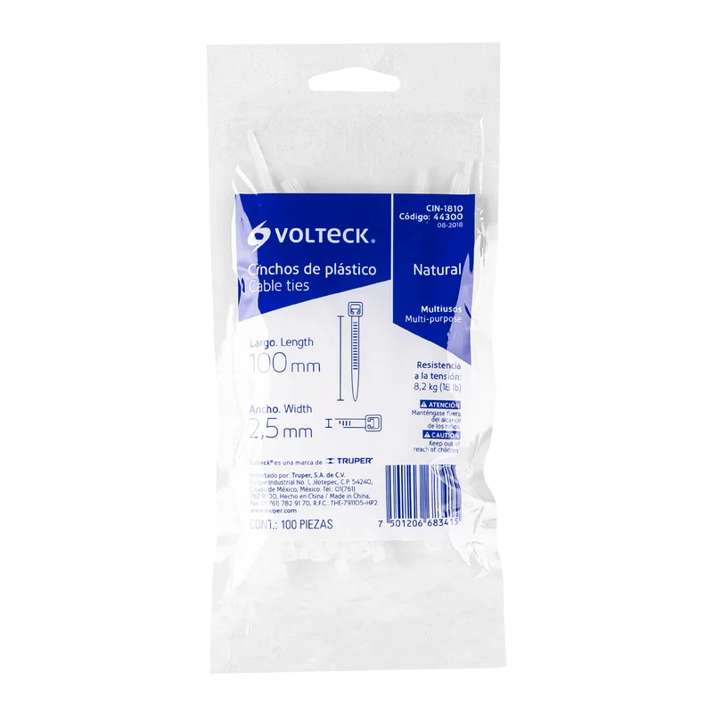 BOLSA CON 100 PRECINTOS PLÁSTICOS VOLTECK, 100 X 2.5MM