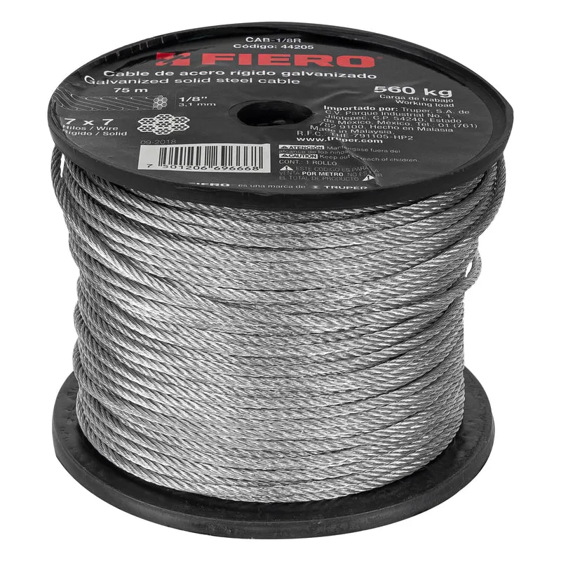 CABLE RÍGIDO FIERO 1/8" DE ACERO 7X7 HILOS, ROLLO 75 METROS