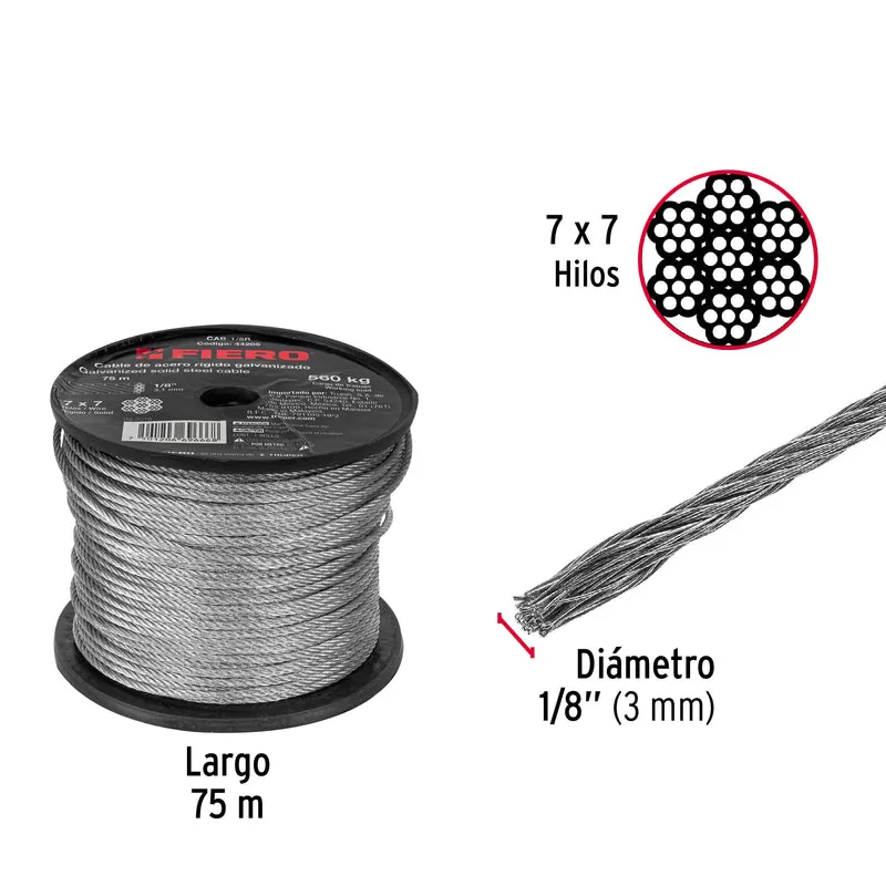 CABLE RÍGIDO FIERO 1/8" DE ACERO 7X7 HILOS, ROLLO 75 METROS
