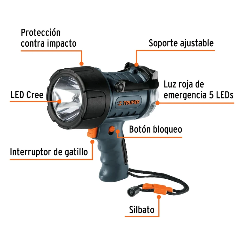 LÁMPARA LED RECARGABLE TRUPER DE 300 LM, ALTA POTENCIA