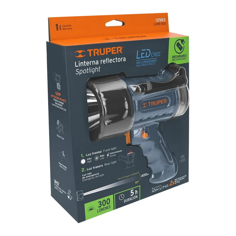 LÁMPARA LED RECARGABLE TRUPER DE 300 LM, ALTA POTENCIA
