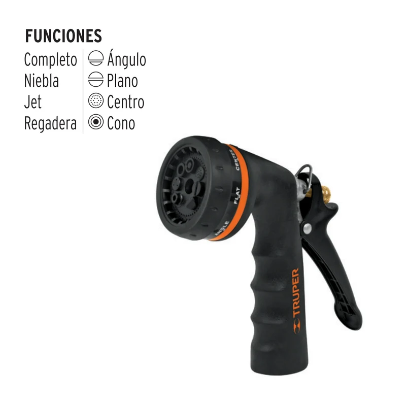 PISTOLA PARA RIEGO TRUPER DE 8 FUNCIONES, METÁLICA CON RECUBRIMIENTO