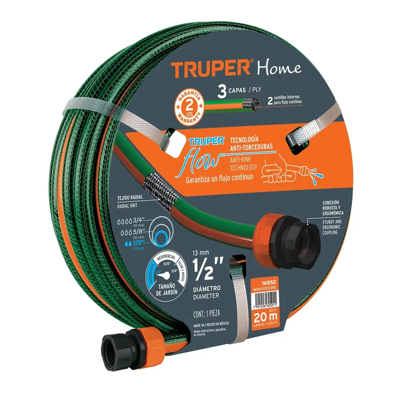 MANGUERA 1/2" DE 20M TRUPER, REFORZADA 3 CAPAS