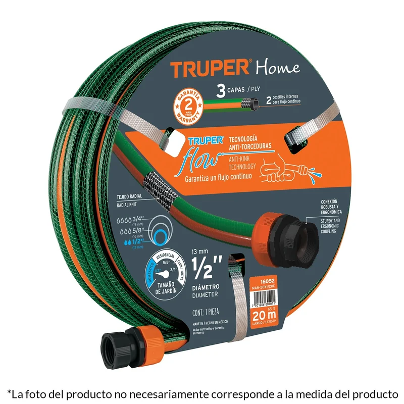 MANGUERA 1/2"DE 15M TRUPER, REFORZADA 3 CAPAS CON CONEXIONES PLÁSTICAS