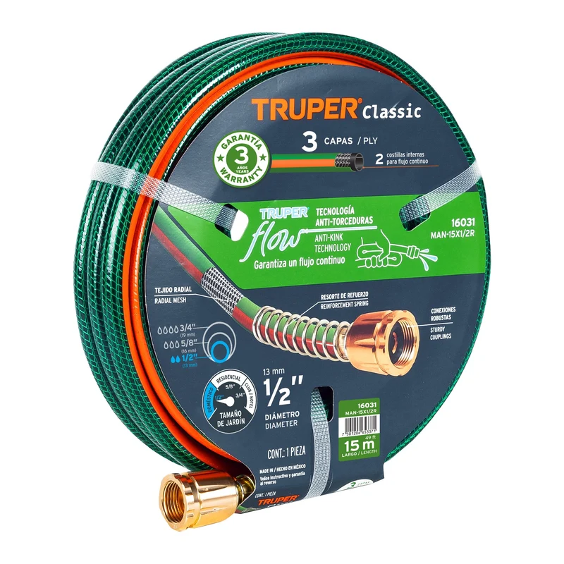MANGUERA 1/2" DE 15M TRUPER, REFORZADA 3 CAPAS CON CONEXIONES METAL
