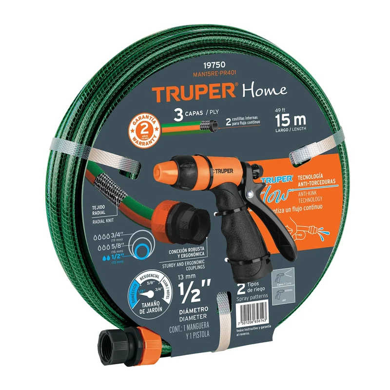 COMBO MANGUERA MAN-15X1/2RE Y PISTOLA DE RIEGO PR-401, TRUPER