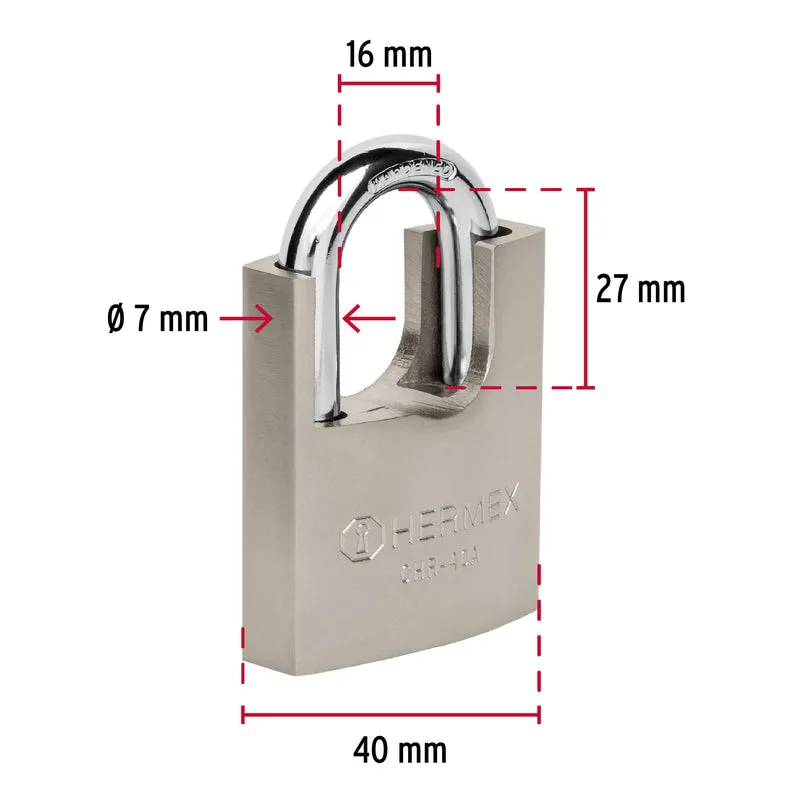 CANDADO DE HIERRO 40 MM CON CORAZA HERMEX, LLAVE ANTI-GANZÚA