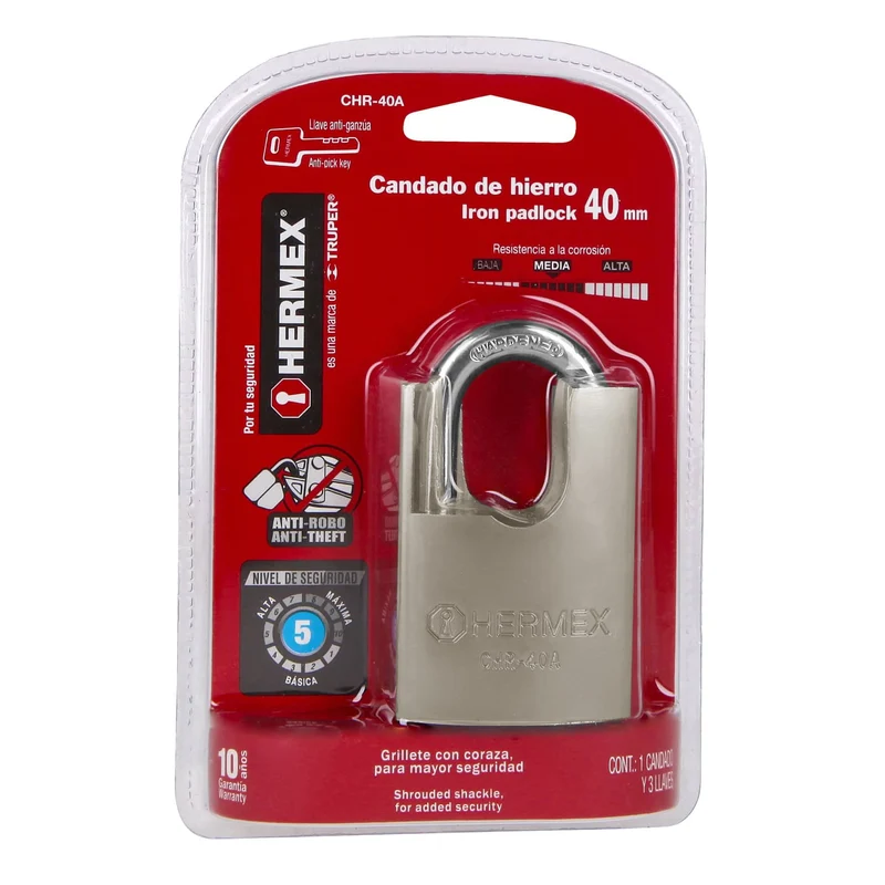 CANDADO DE HIERRO 40 MM CON CORAZA HERMEX, LLAVE ANTI-GANZÚA