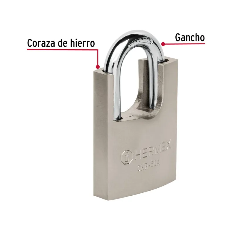 CANDADO DE HIERRO 50 MM CON CORAZA HERMEX, LLAVE ANTI-GANZÚA