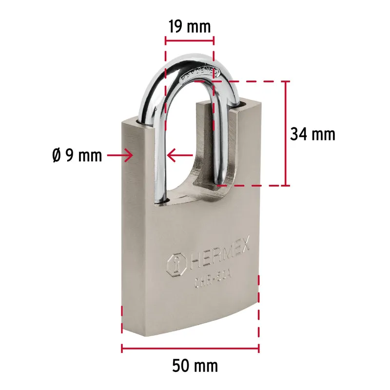 CANDADO DE HIERRO 50 MM CON CORAZA HERMEX, LLAVE ANTI-GANZÚA