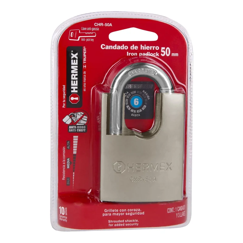 CANDADO DE HIERRO 50 MM CON CORAZA HERMEX, LLAVE ANTI-GANZÚA