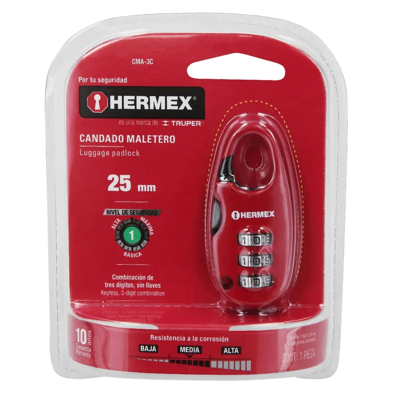 CANDADO MALETERO DE COMBINACIÓN 25 MM HERMEX, BLÍSTER