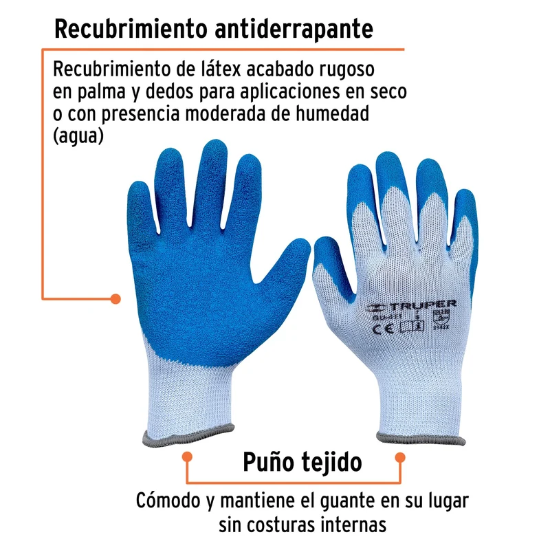 GUANTES DE POLIÉSTER TRUPER RECUBIERTOS DE LATEX, TALLA CHICA