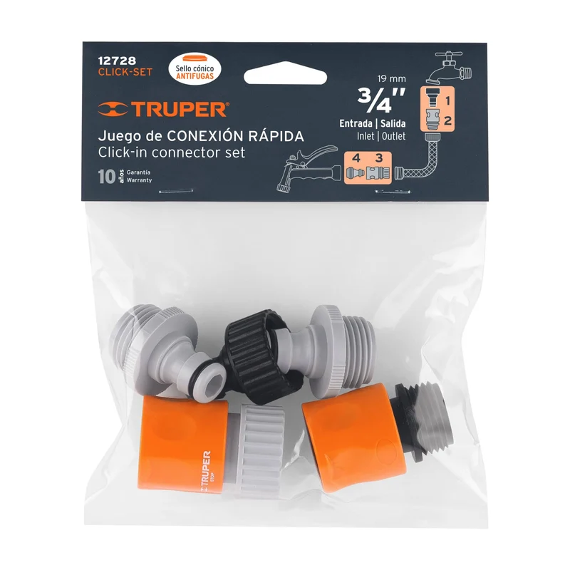 JUEGO DE 5 CONECTORES TRUPER DE 3/4" RÁPIDOS ABS, SISTEMA CLICK