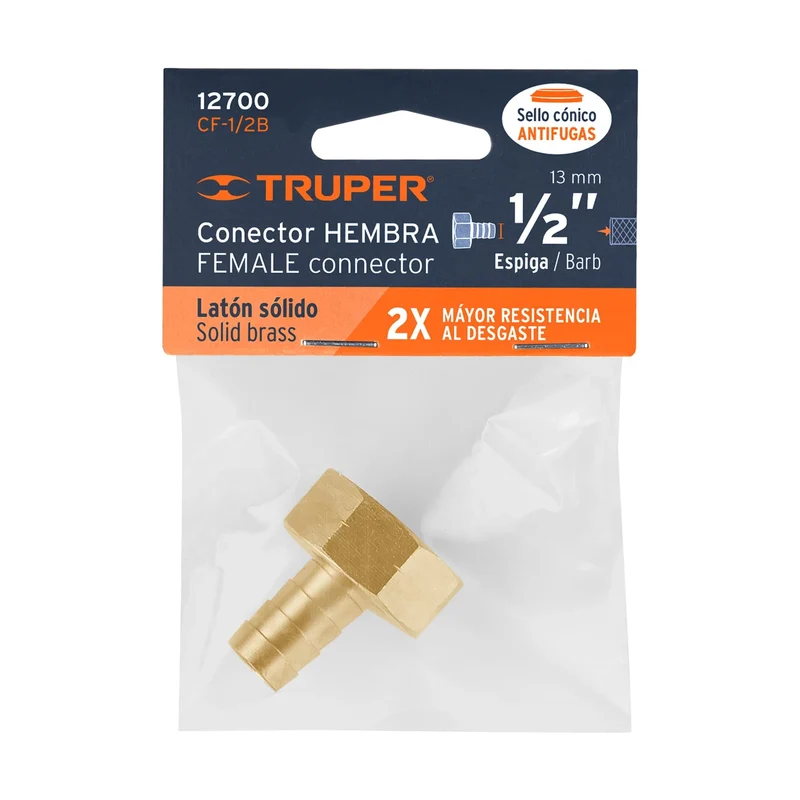 CONECTOR 1/2" HEMBRA DE LATÓN SÓLIDO PARA MANGUERA, TRUPER