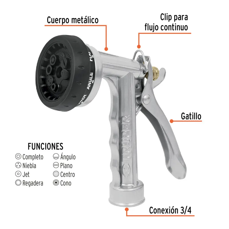 PISTOLA PARA RIEGO TRUPER DE 8 FUNCIONES, METÁLICA