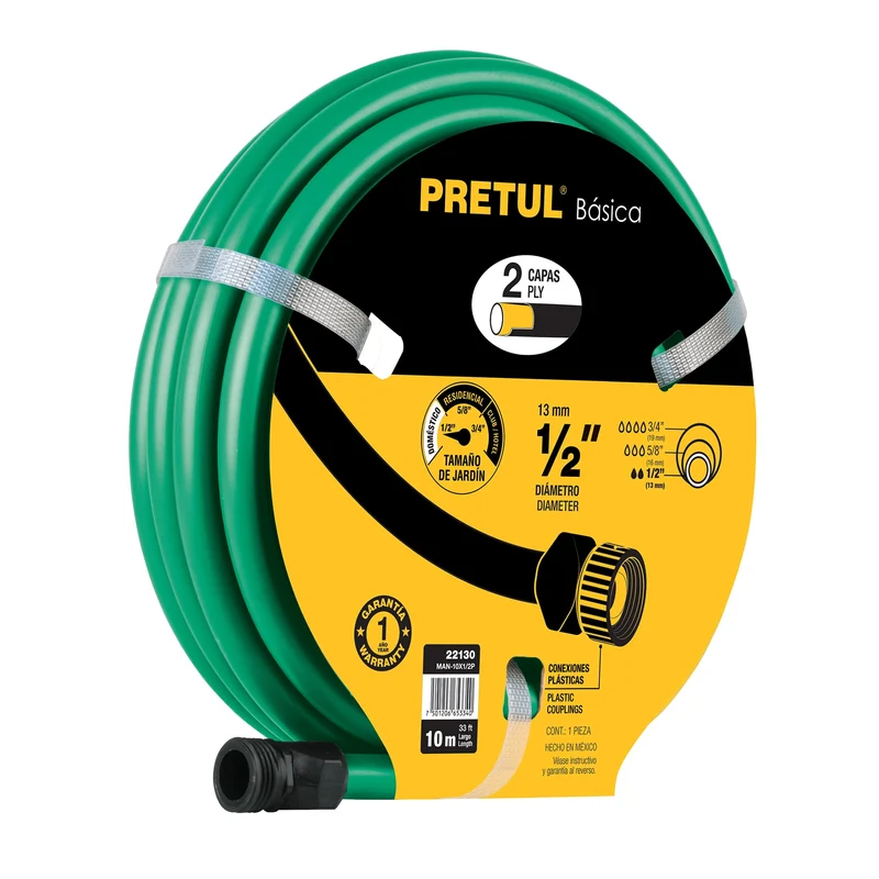 MANGUERA VERDE 1/2" 2 CAPAS 10M PRETUL, CONEXIONES PLÁSTICAS