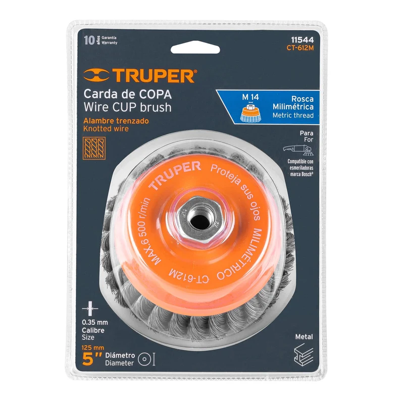 CARDA COPA TRUPER 5" ALAMBRE TRENZADO FINO CON EJE M14