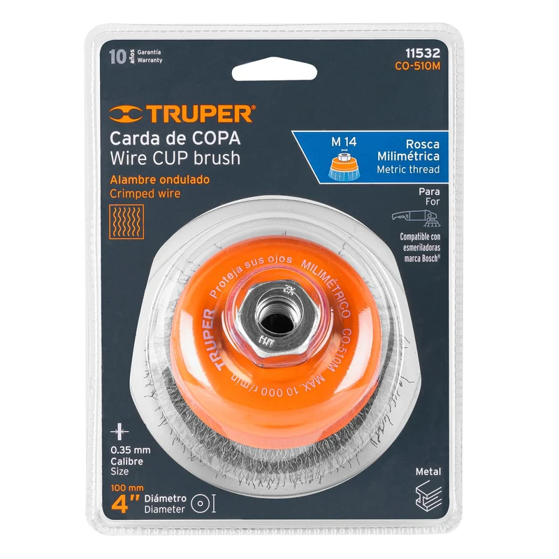 CARDA COPA TRUPER DE 4" ALAMBRE ONDULADO FINO CON EJE M14