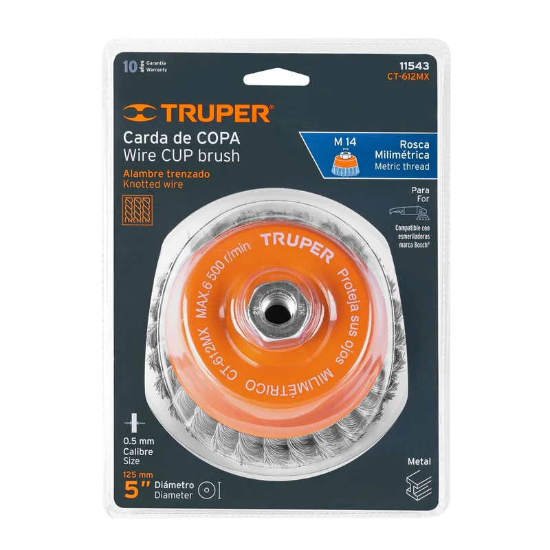 CARDA DE COPA TRUPER 5" ALAMBRE GRUESO EJE M14 PARA DESBASTE RÁPIDO