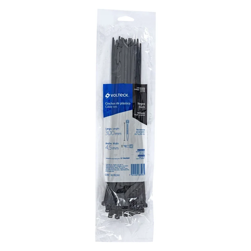 BOLSA CON 50 CINCHOS PLÁSTICOS TRUPER VOLTEK 50 LB, 300X4.5 MM