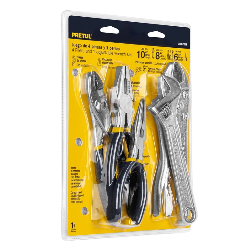 KIT JUEGO DE 4 PINZAS Y 1 LLAVE AJUSTABLE TRUPER PRETUL CON MANGO DE VINIL