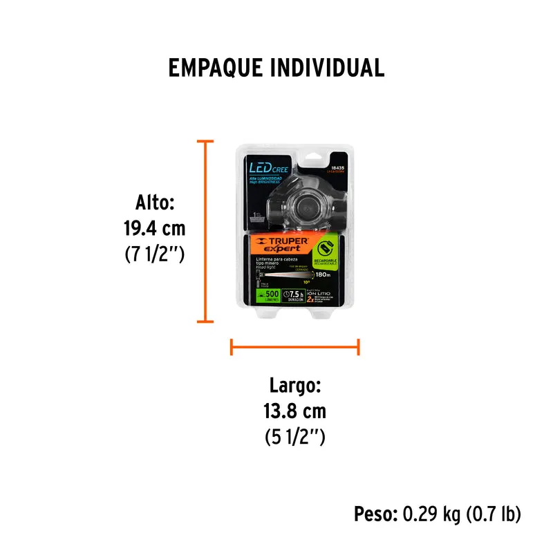 LINTERNA DE MINERO 1 LED CREE TRUPER 500 LM RECARGABLE