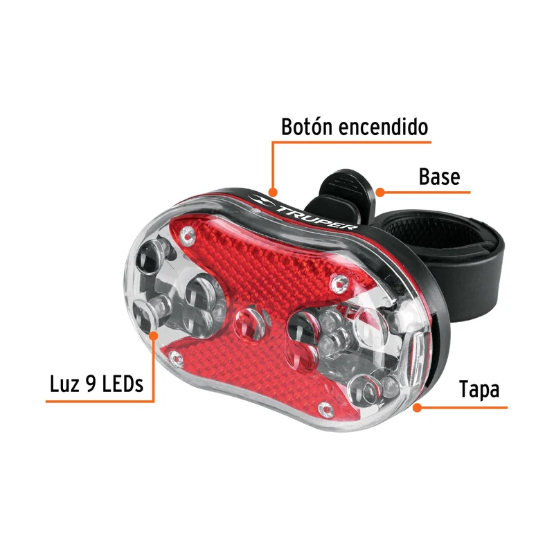 LINTERNA TRASERA PARA BICICLETA TRUPER DE 9 LEDS 2 PILAS AAA