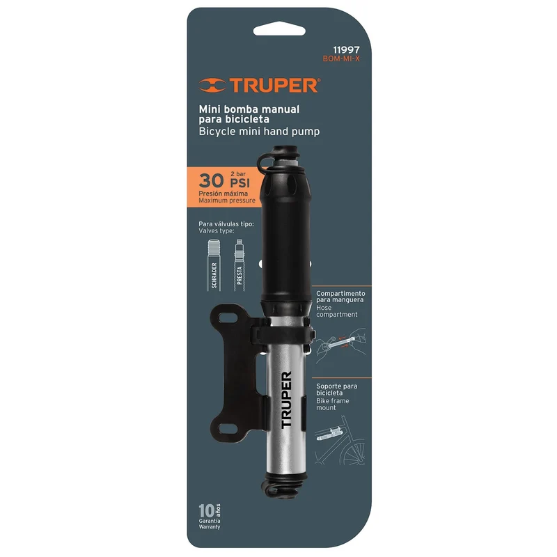 MINI BOMBA MANUAL PARA BICICLETA TRUPER 75 PSI CUERPO LIGERO DE ALUMINIO