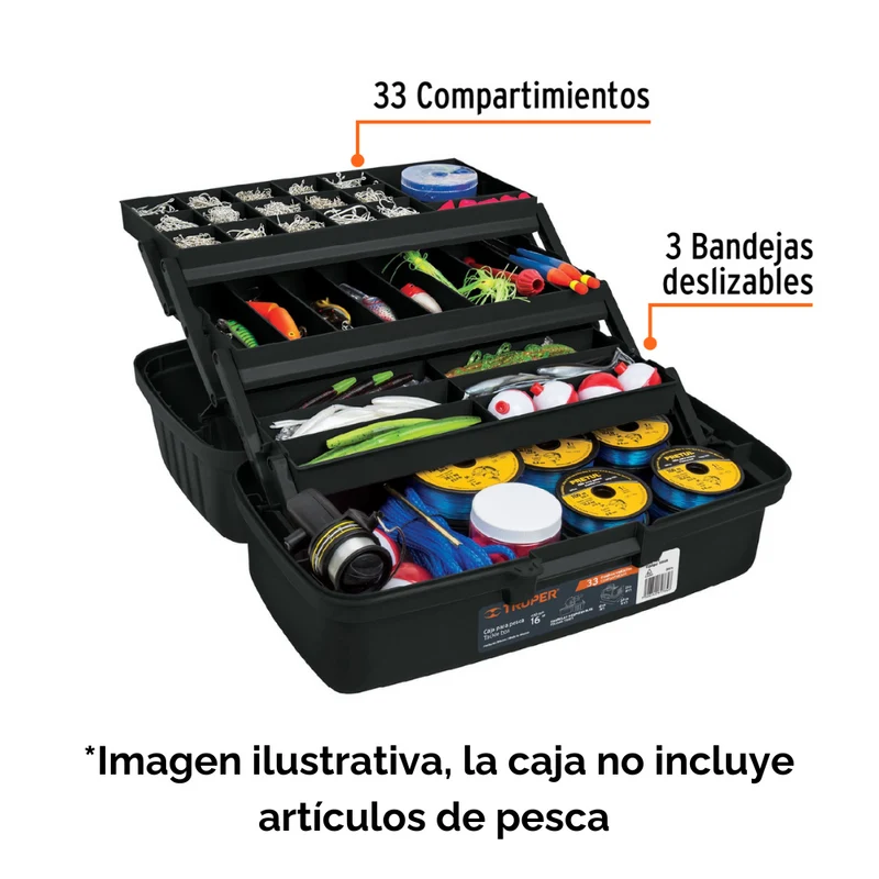 CAJA PARA PESCA TRUPER DE 16" (41 CM) CON 3 BANDEJAS DESLIZABLES