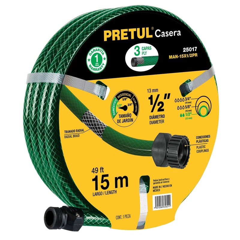 MANGUERA 1/2" REFORZADA PRETUL DE 15 METROS CON 3 CAPAS